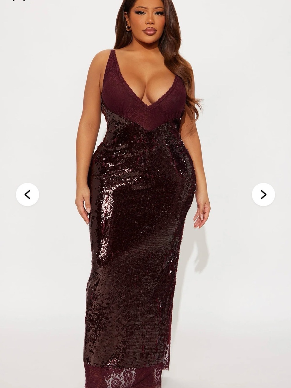 Fashion Nova Wine Sequin Lace V-Neck Maxi Dress